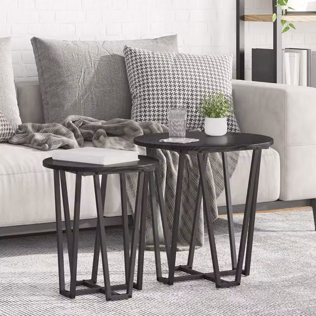 Berkfield Home Set of 2 Modern Round Side Tables in Black MDF and Metal
