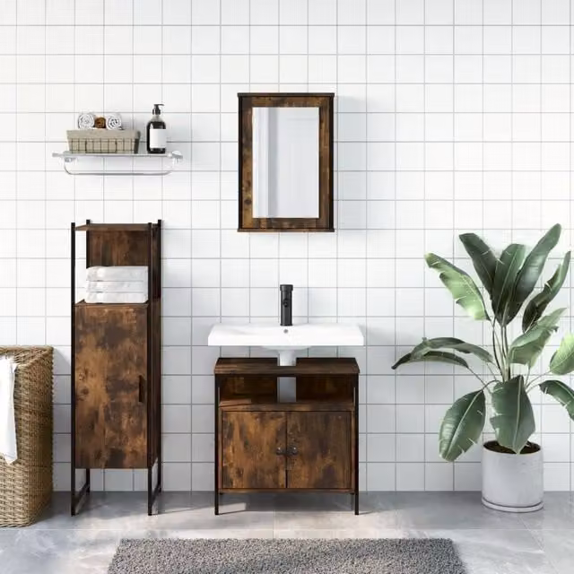 Berkfield Home 3 Piece Industrial Bathroom Furniture Set in Smoked Oak Brown – 1
