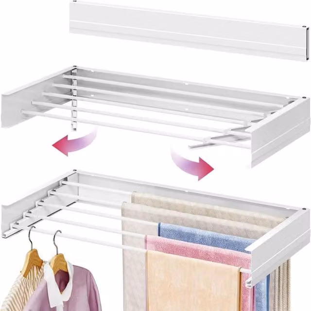 ATEK Wall Mounted Retractable Laundry Drying Rack in White, 100cm