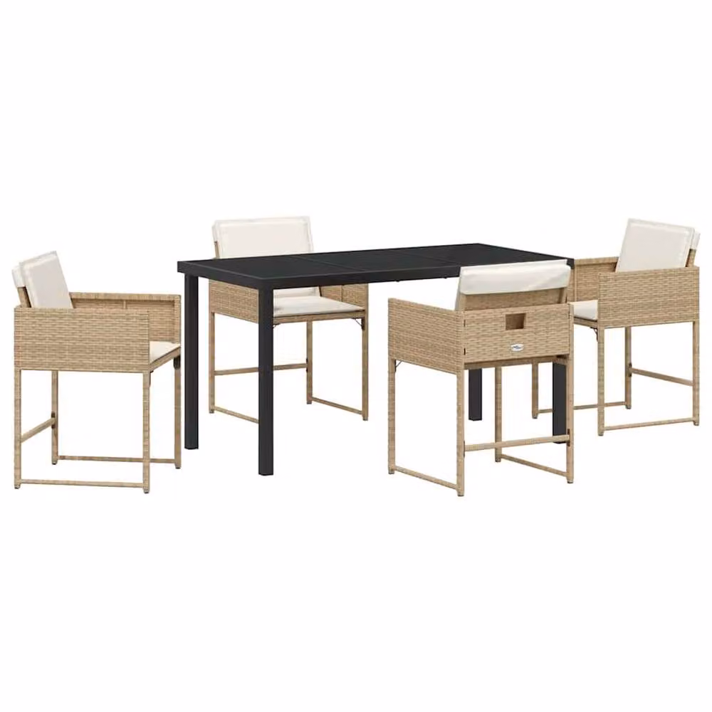 Berkfield Home 5-Piece Beige Poly Rattan Garden Dining Set with Glass Top – 2