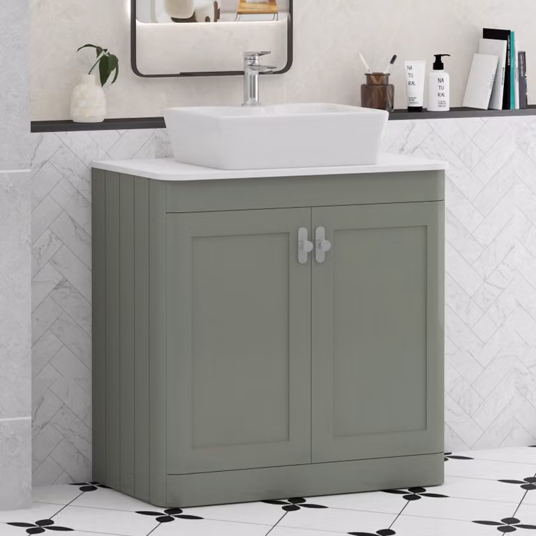 Royal Bathrooms Henley 800mm Sage Green Floor Standing 2 Door Bathroom Vanity Unit with Plain White Worktop and Chrome Knobs