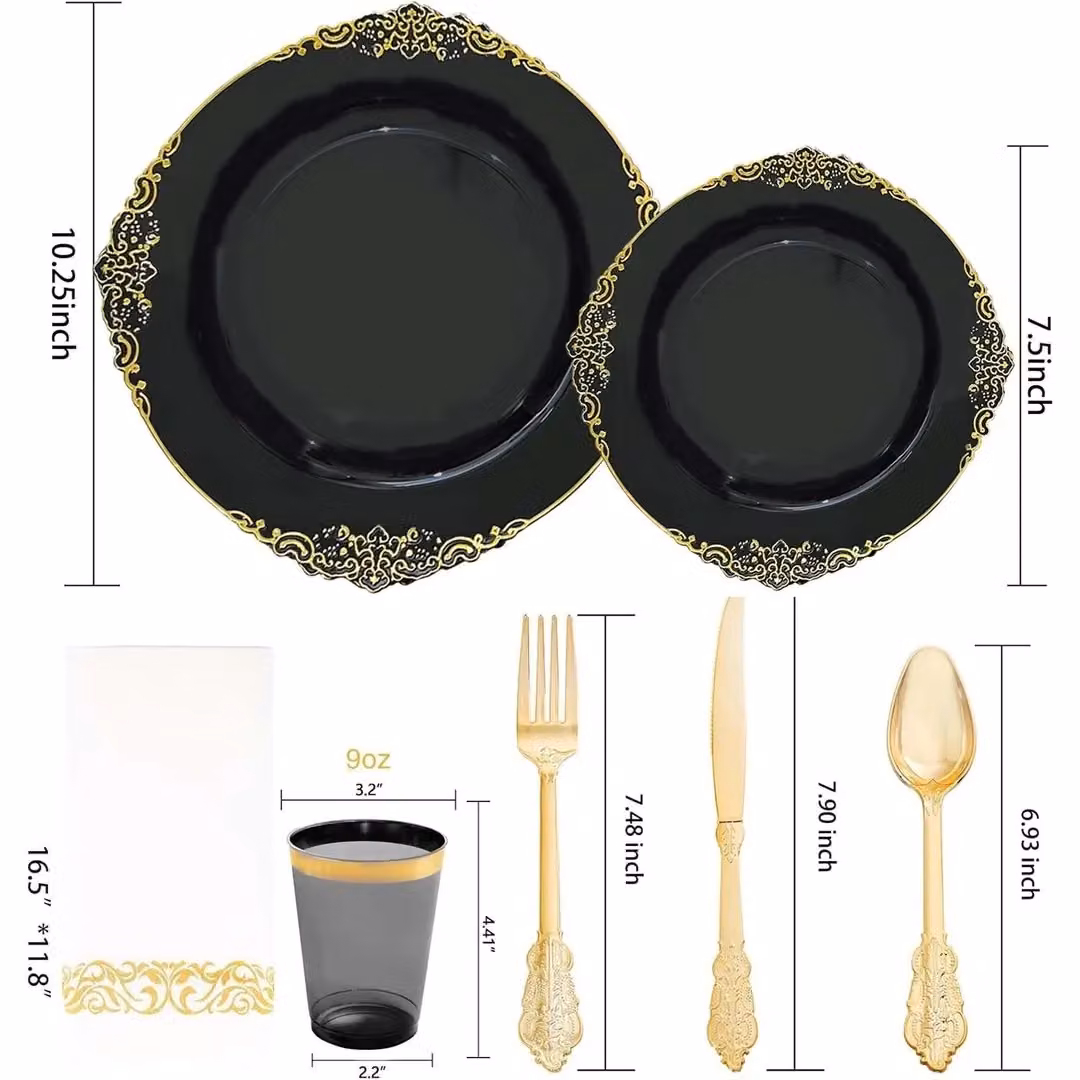 VOGREX 175-Piece Disposable Plastic Dinnerware Set for 25 People in Black and Gold Multicolour – 2