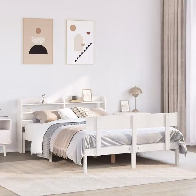 Berkfield Home White Rustic Solid Pine Bed Frame with Side Compartments W/D/H: 140 x 200 cm