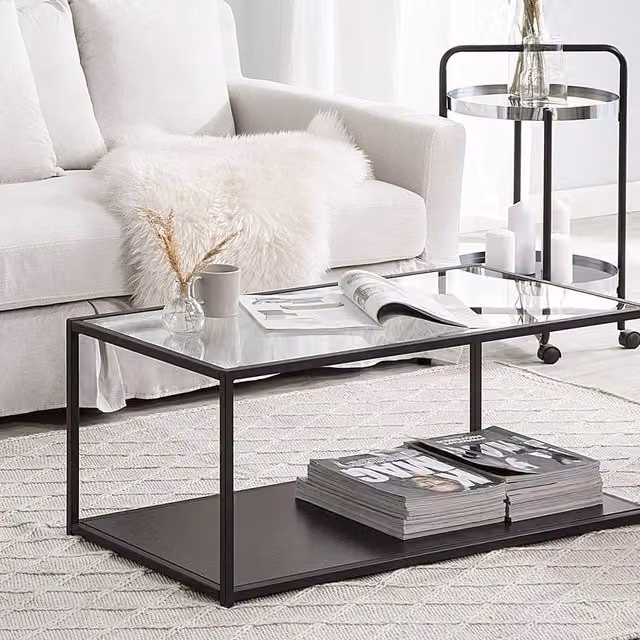 Wyld and Coco Modernist Rectangular Coffee Table with Transparent Glass Top and Black Matt Metal Frame W/D/H: 100 x 54 x 42 cm