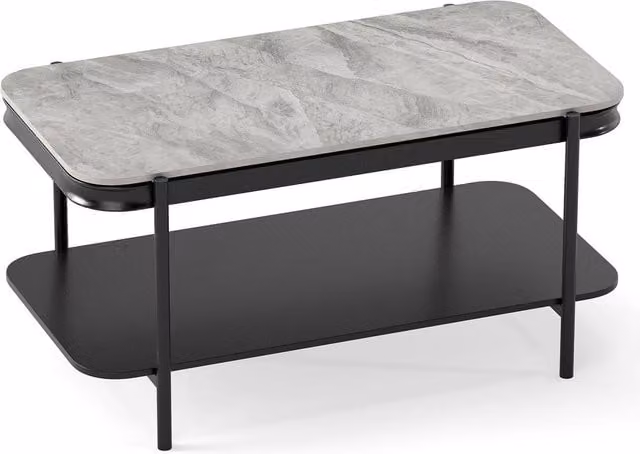 Gymax Modern Rectangular 2-Tier Coffee Table with Glossy Grey Ceramic Sintered Stone Top