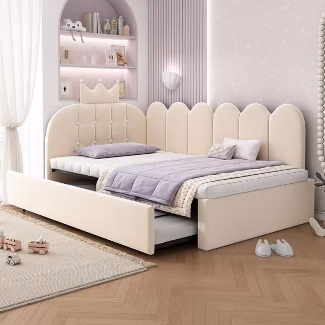 Aosom UK Upholstered Daybed with Pull-Out Trundle and Sofa Bed Function, Beige, L: 194 cm, W: 98 cm, H: 95 cm – 1