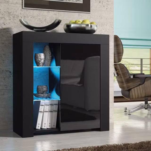 Creative Furniture Serene Sideboard in Black with Glossy Doors and Integrated Lighting, W/D/H: 83 x 35 x 75 cm