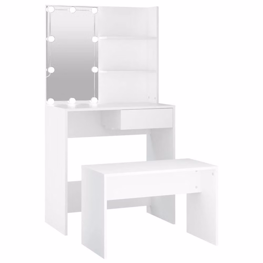Berkfield Home White Hollywood LED Dressing Table Set with MDF Wood Finish, W/D/H: 141 x 40 x 74.5 cm – 2