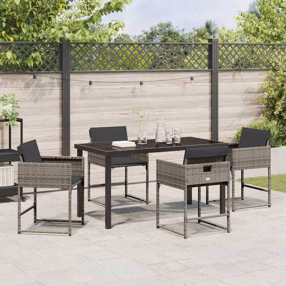 Berkfield Home 5 Piece Grey Poly Rattan Garden Dining Set with Glass Top Table – 3