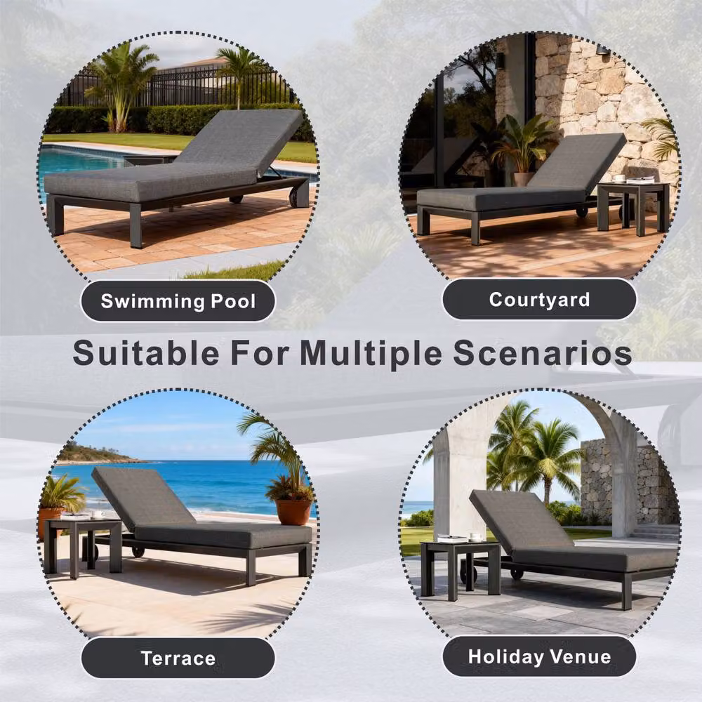 Mimo 2 Pack Grey Powder Coated Aluminium Sun Loungers with Side Table and Castors – 6