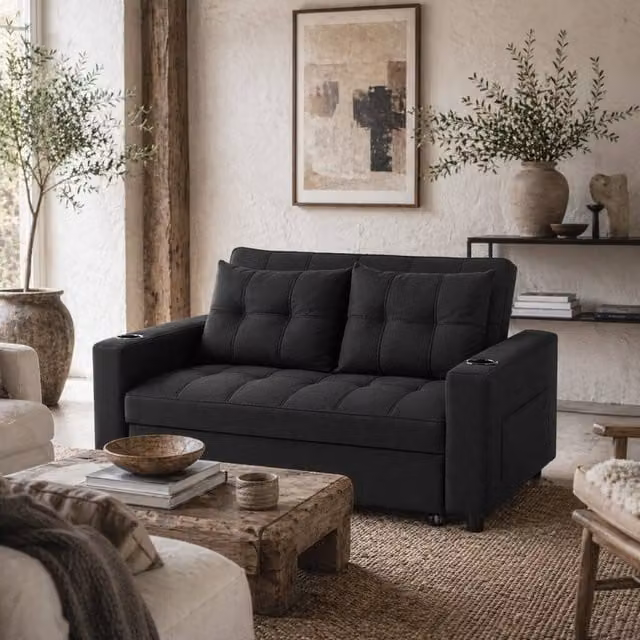 Wyld Haus Kanovi Black 2 Seater Pull Out Sofa Bed with Cup Holders