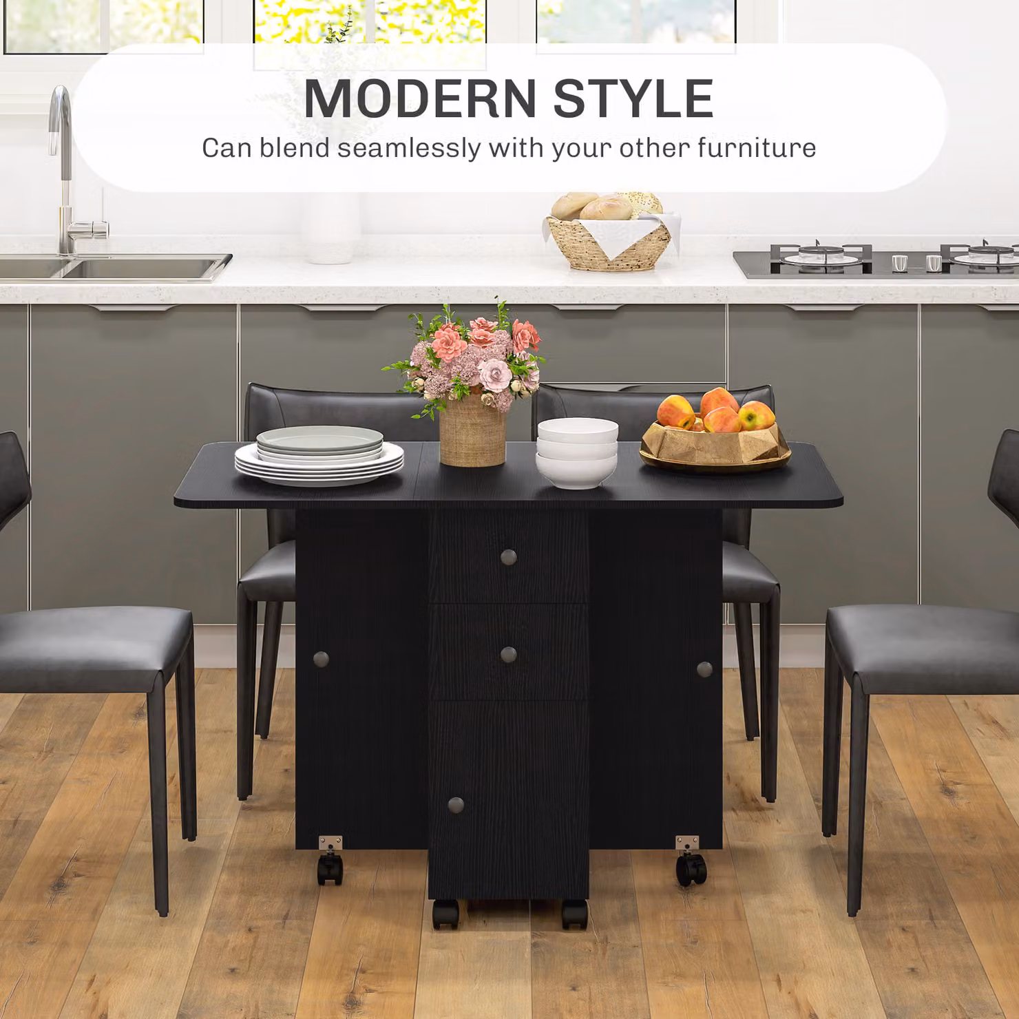 HOMCOM Multi-Storage Six-Person Drop Leaf Dining Table in Distressed Black – 4