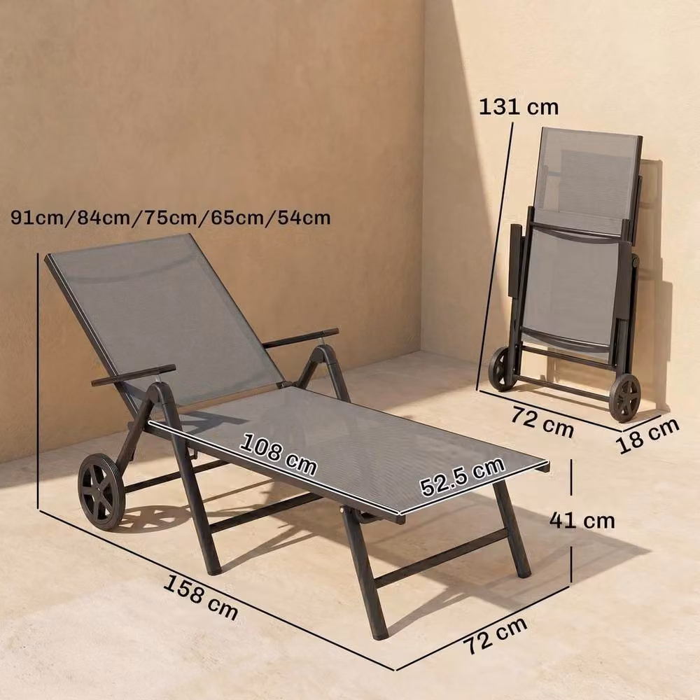 FORGEVIO Folding Sun Lounger with Wheels, 5-Position Adjustable Textilene Garden Chair in Grey – 2