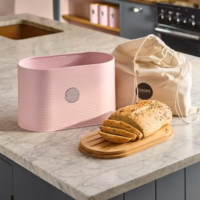 Cooks Professional Ribbed Bread Bin with Linen Bag and 2-in-1 Bamboo Cutting Board Lid in Pink and Silver