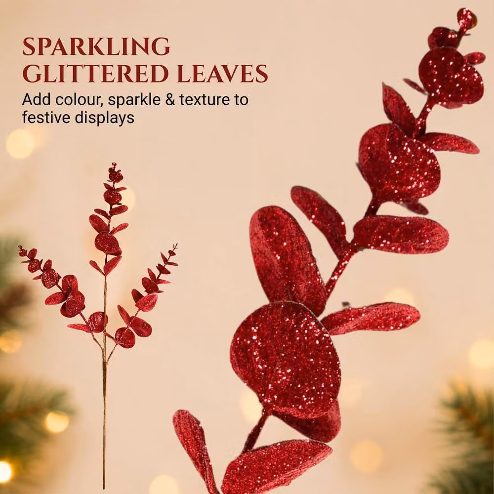Shatchi Red Glitter Artificial Eucalyptus Christmas Tree Picks, 12 Pack, Height: 55 cm – 5