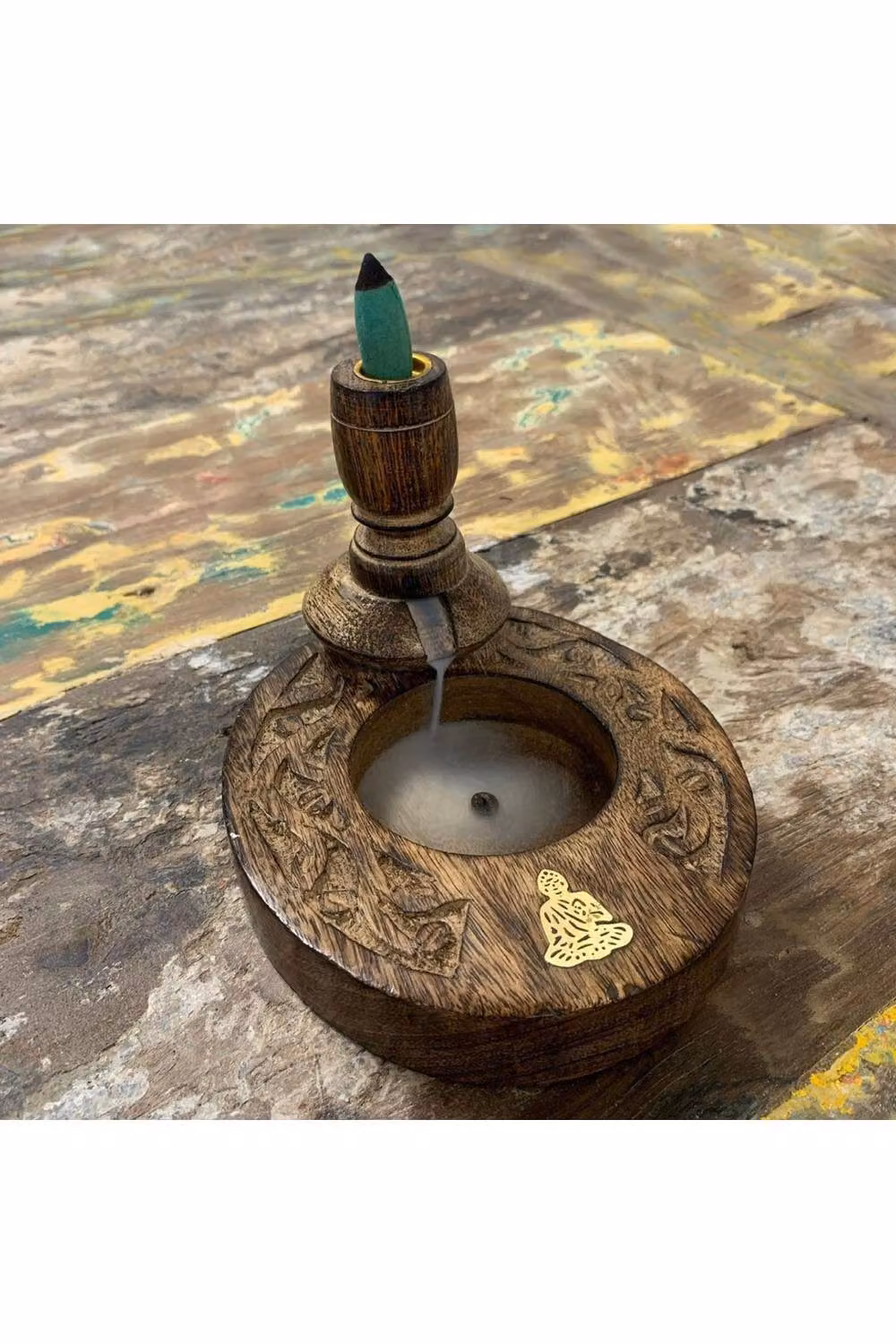 KDMD Mango Wood Backflow Incense Burner with Brass Buddha Decor in Brown – 3