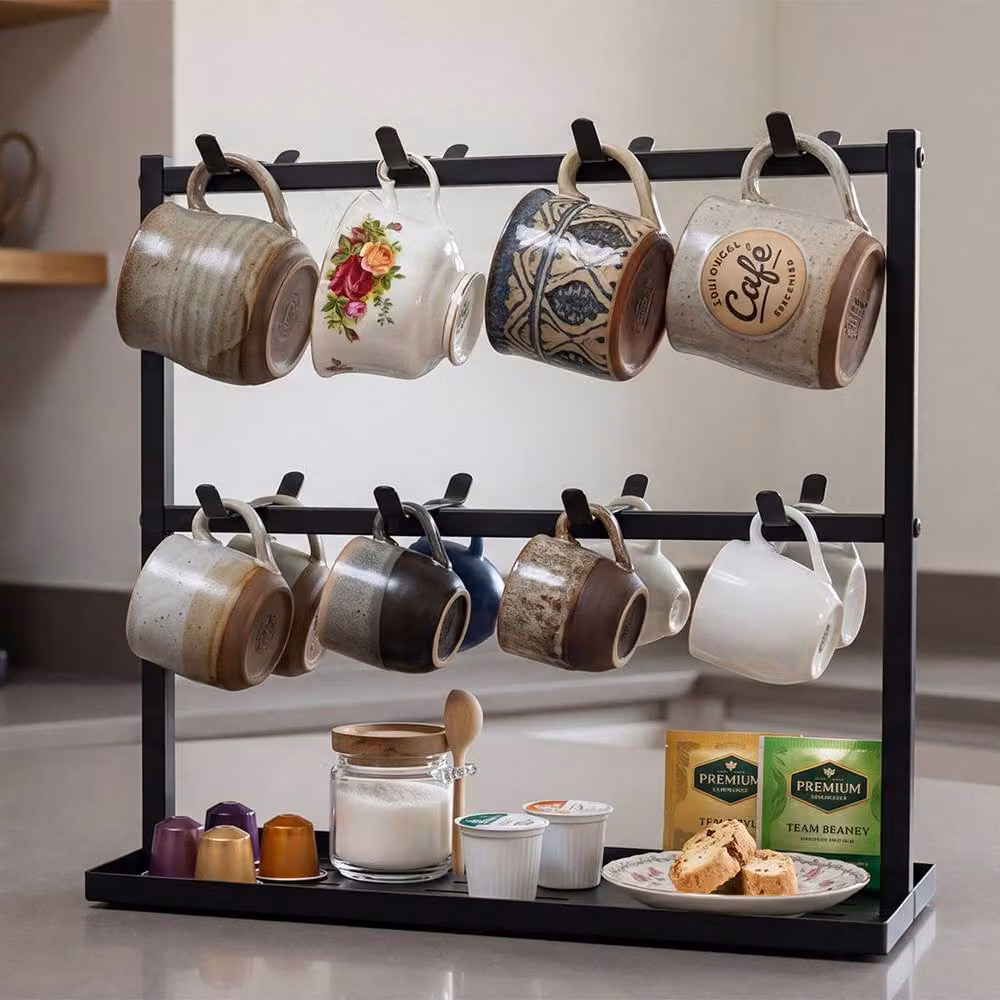 Levede Black Metal Mug Holder Stand with 16 Hooks, Freestanding Countertop Coffee Cup Rack Organiser, W: 42.0 cm, D: 15.0 cm, H: 12.0 cm – 3