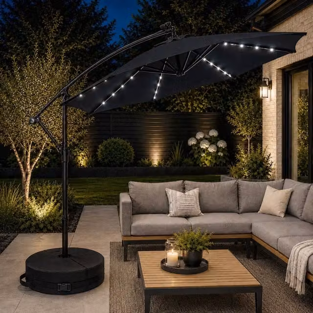 Samuel Alexander Solar Powered Cantilever Parasol with Crank Handle and White LED Lights, Black, W/D/H: 300 x 300 x 240 cm