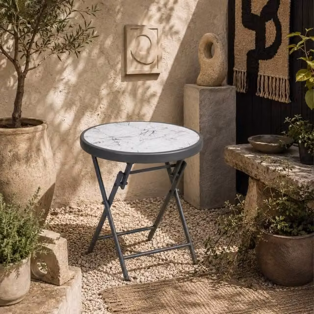 Wyld Haus Round Folding Outdoor Side Table with Dark Grey Marble Effect Glass Top – 1