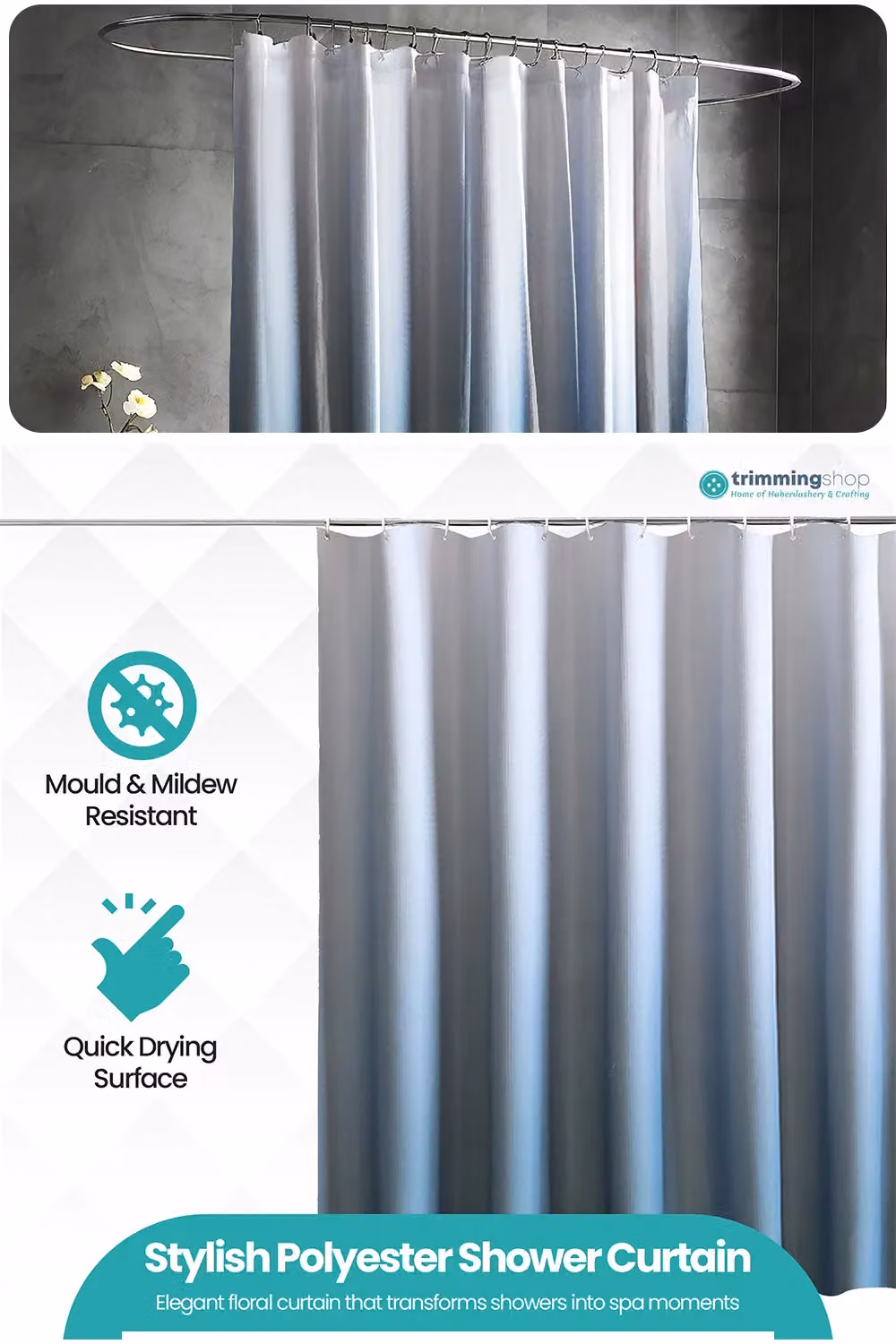 Neel Blue Gradient Blue Polyester Bathroom Shower Curtain with 12 Hooks, Mould and Mildew Resistant, W: 180 cm, H: 200 cm – 3