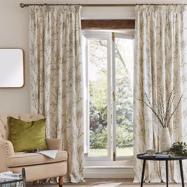 Laura Ashley Pussy Willow Ready Made Floral Cotton Curtains in Off White and Green