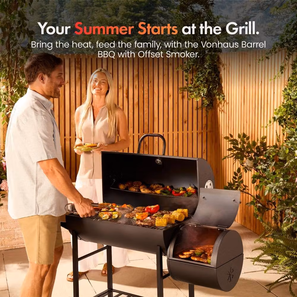VonHaus Offset Charcoal Barrel BBQ Smoker in Black, W/D/H: 137 x 53 x 95 cm – 2