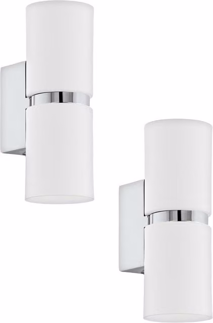 Loops 2 Pack Modern Wall Lights with White Glass Shades and Chrome Metal Banding, GU10, Includes Bulbs