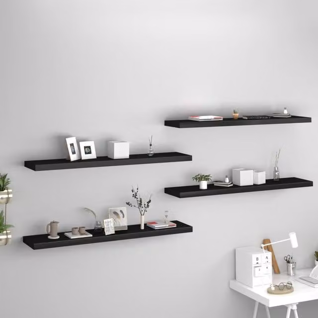 Berkfield Home Set of 4 Black Floating Wall Shelves, W: 120 cm, D: 23.5 cm, H: 3.8 cm – 1