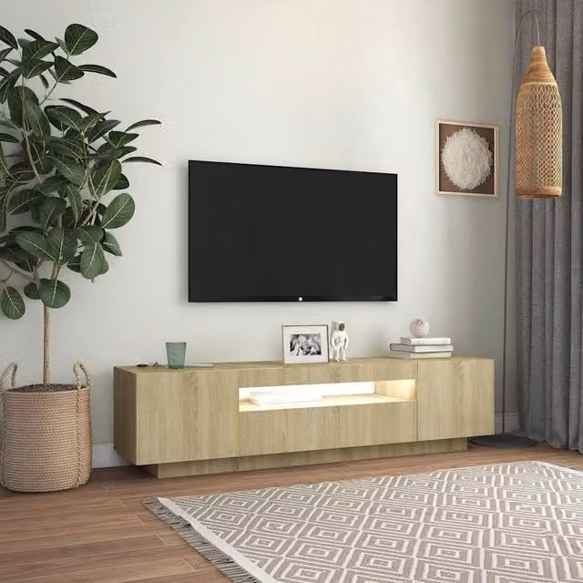 Berkfield Home Modern TV Cabinet with LED Lights in Sonoma Oak Light Brown, W: 160 cm, D: 35 cm, H: 40 cm – 1