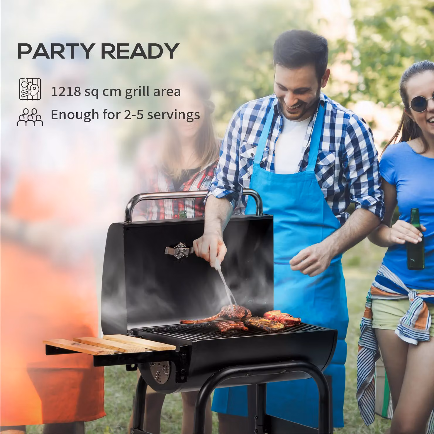 OUTSUNNY Charcoal Barbecue Grill with Shelves, Wheels and Thermometer in Black – 3