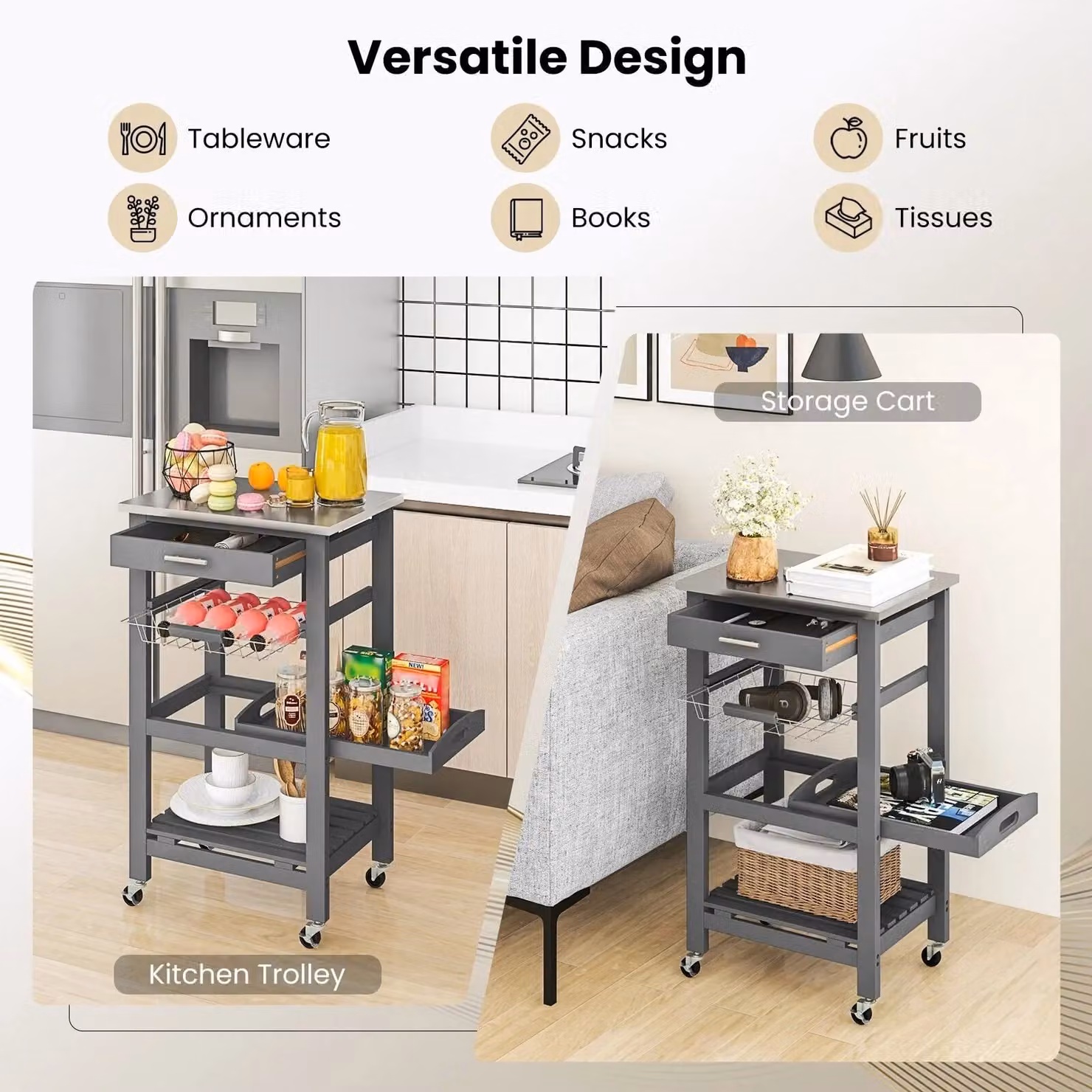Costway Rolling Kitchen Storage Trolley Cart Cupboard Island in Grey – 3