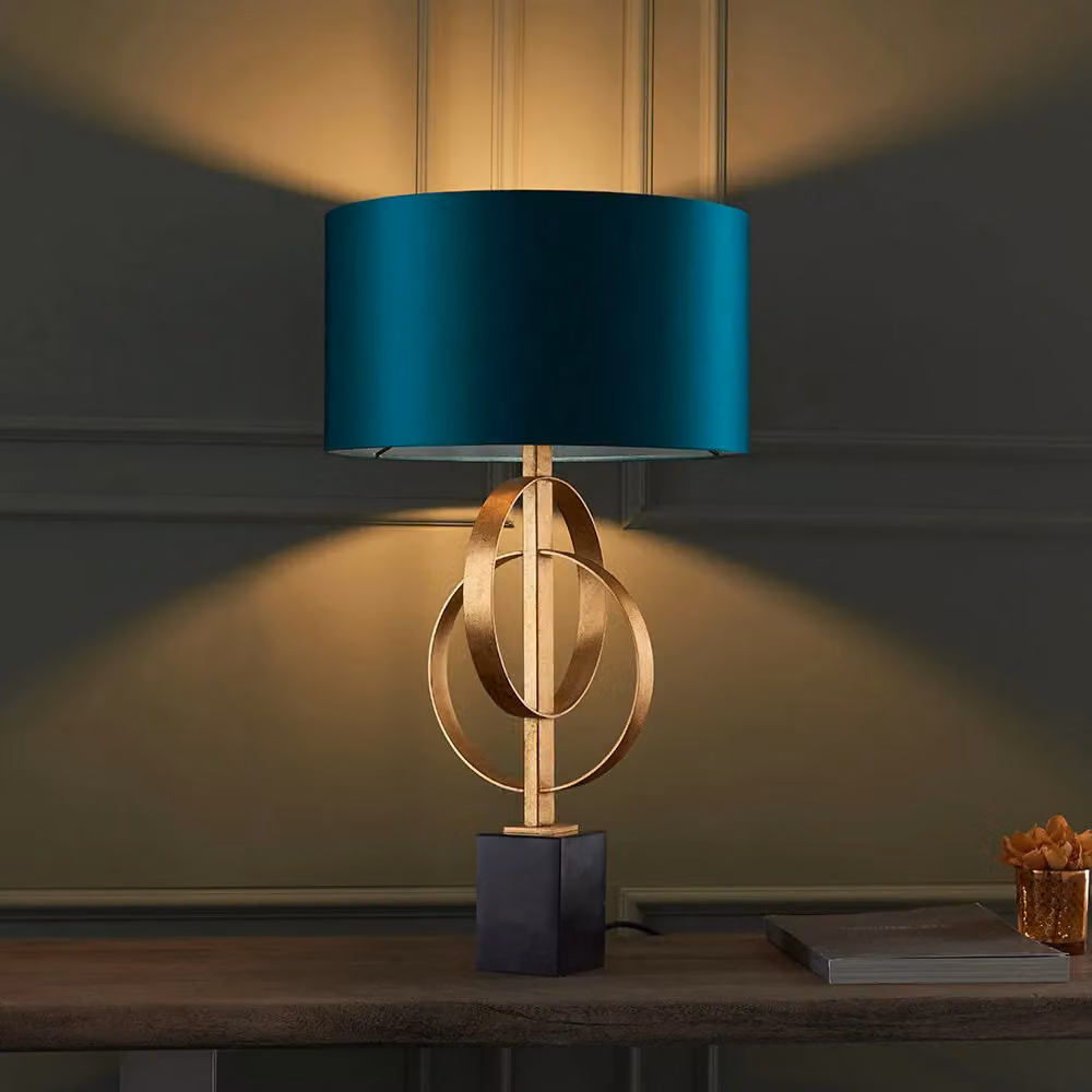 Loops Antique Gold Table Lamp with Teal Satin Shade and Black Marble Base, H: 66 cm, W: 38 cm, D: 38 cm – 2