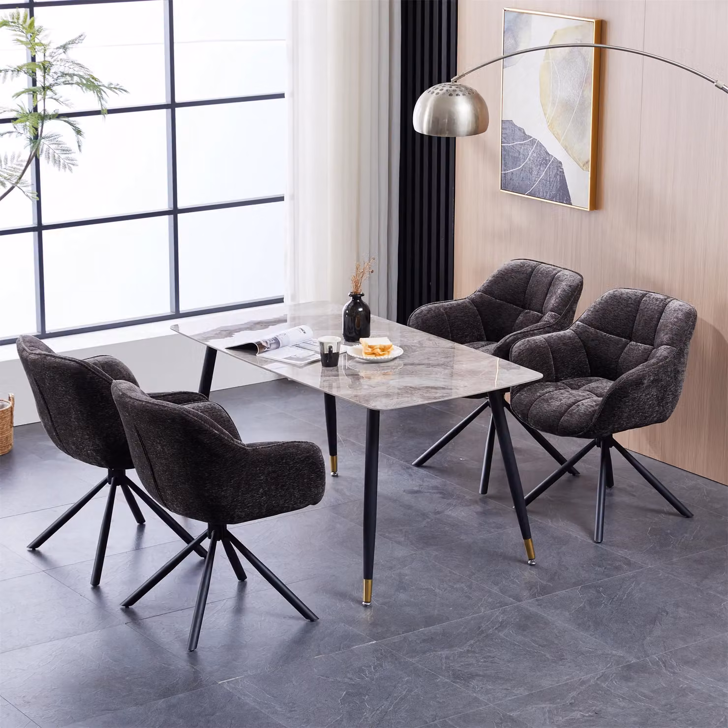 FURNITURE ONE Set of 2 Grey Fabric Padded Swivel Dining and Task Chairs with Metal Frame – 3