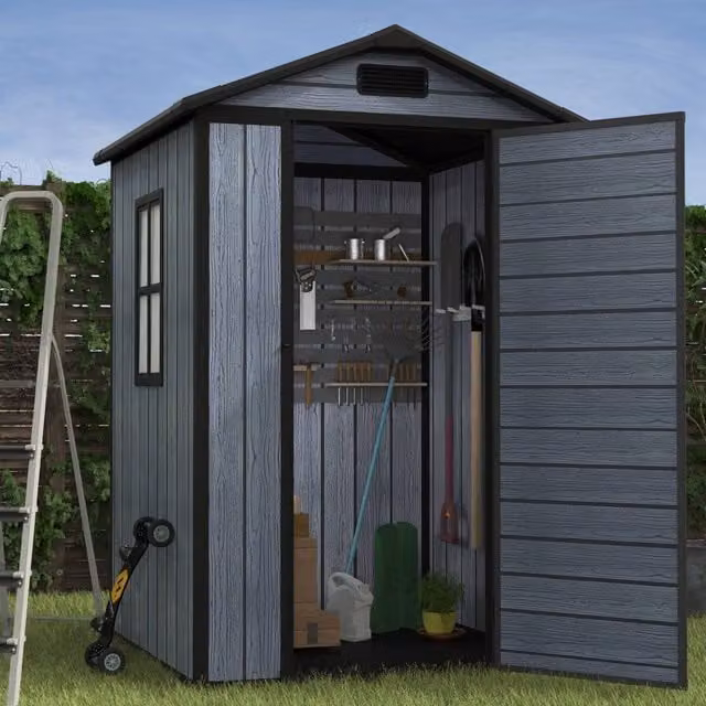 BIRCHTREE Grey Plastic Garden Shed with Wood Grain Effect and Window, W/D/H: 198 x 133 x 134 cm