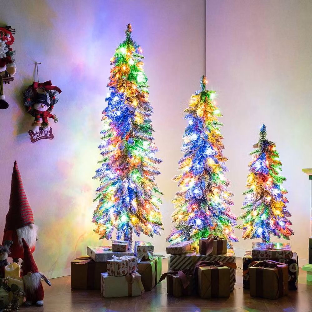 Gymax 3 Pack Pre-lit Flocked Artificial Christmas Tree Set in Green – 3