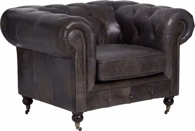 Orsina Dark Grey and Brown Leather Chesterfield Armchair with Button Tufted Backrest
