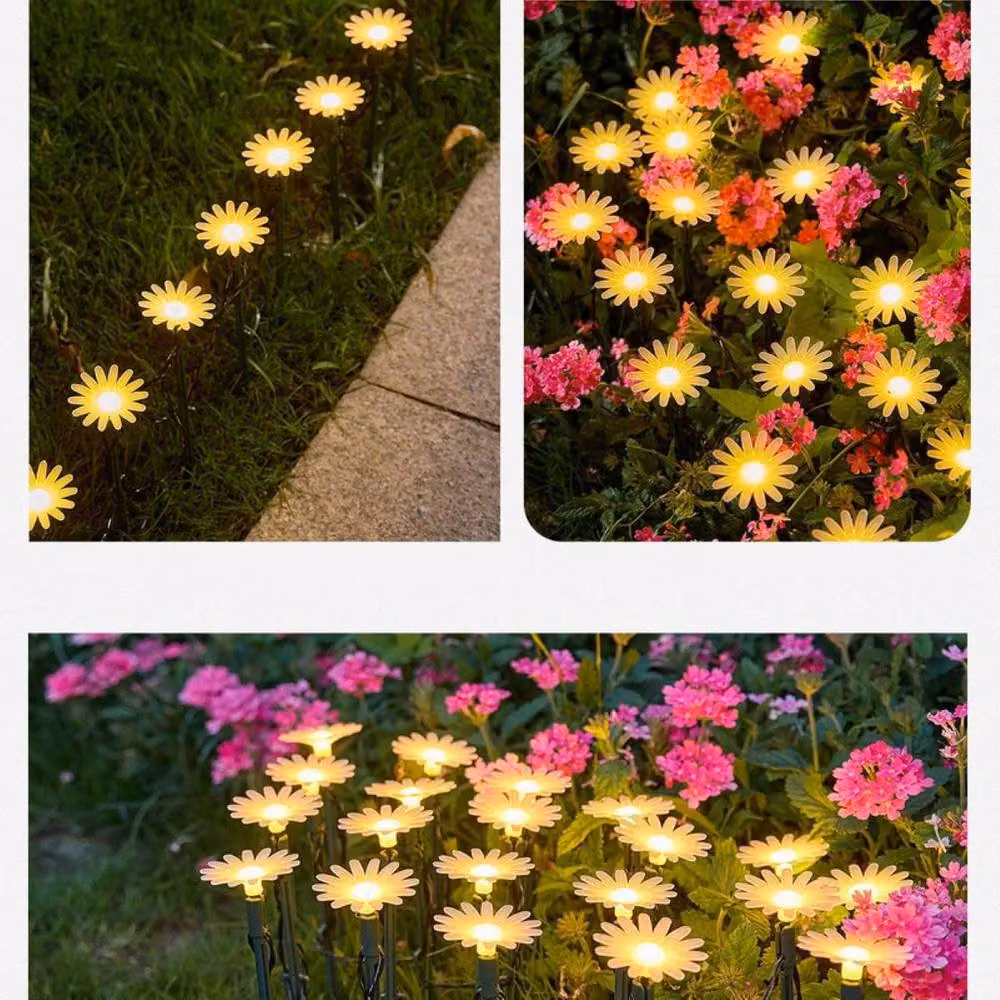 Quipulse 20-Pack Solar-Powered Daisy-Shaped Ground Spike Lights in Black with Warm White LED Effect – 4