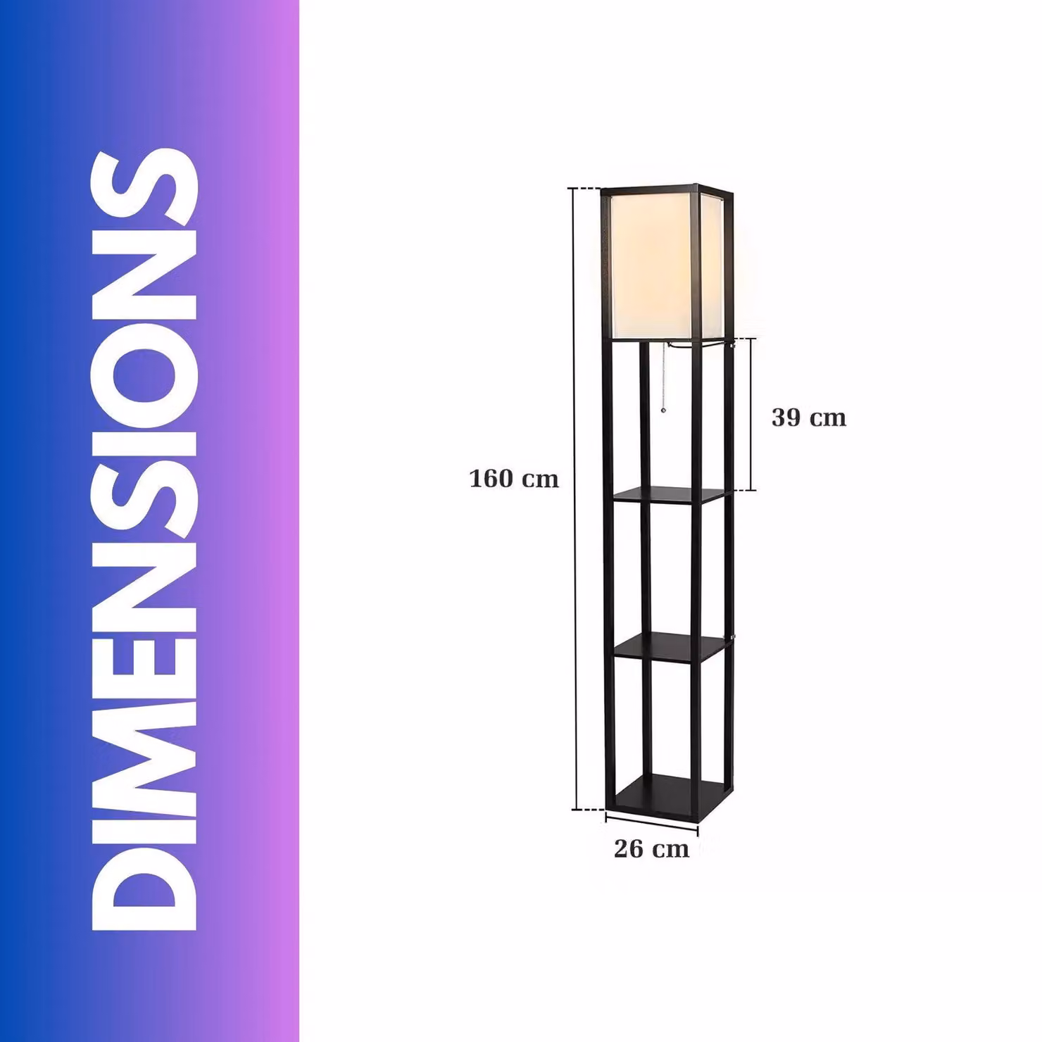 FURNOS Modern Floor Lamp with 3 Shelves in Black, H 160 x W 26 x D 26 cm – 2
