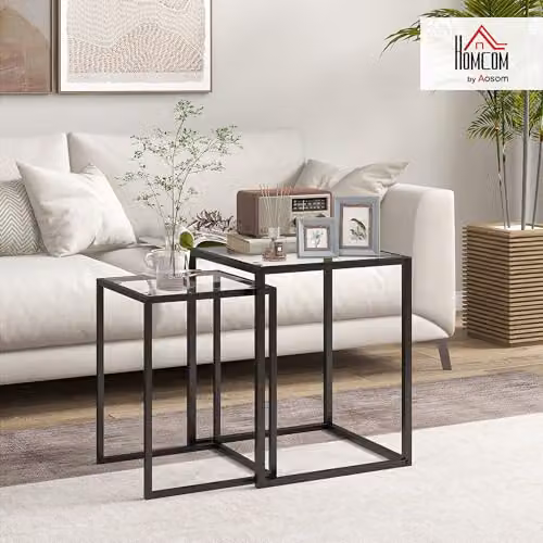 HOMCOM Nesting Tables Set of 2 with Tempered Glass Tops and Steel Frame, Black – 2