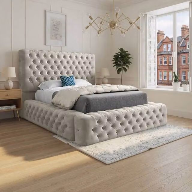 Casani Worcester Chesterfield Upholstered Designer Bed Frame in Beige, W/D/H: 137 x 120 x 200 cm