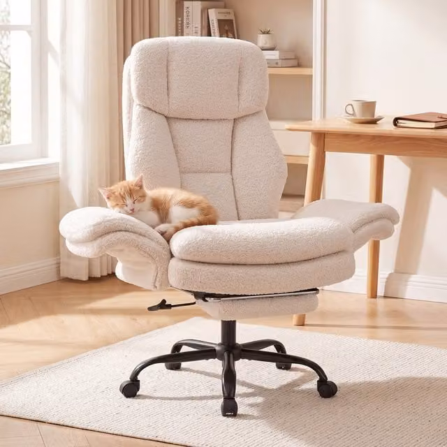 Costway White Bouclé Executive Ergonomic Office Chair with Headrest and Armrests