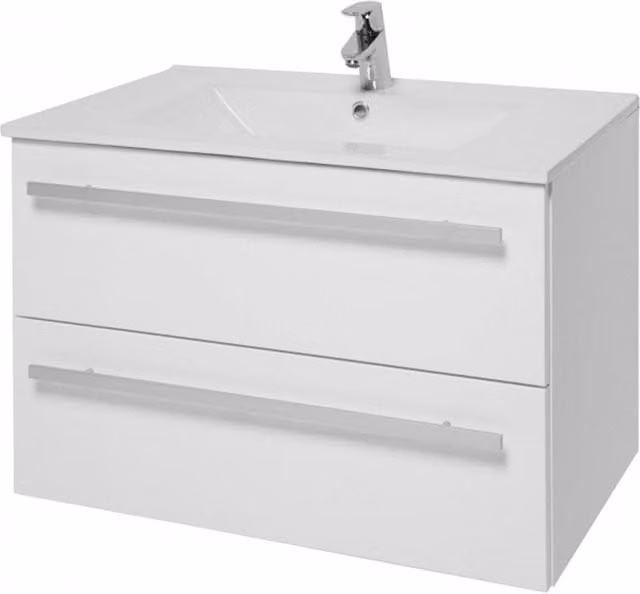 Clifton White Glossy Wall Hung Bathroom 2-Drawer Unit with Ceramic Basin, W: 80 cm, D: 45 cm, H: 50 cm