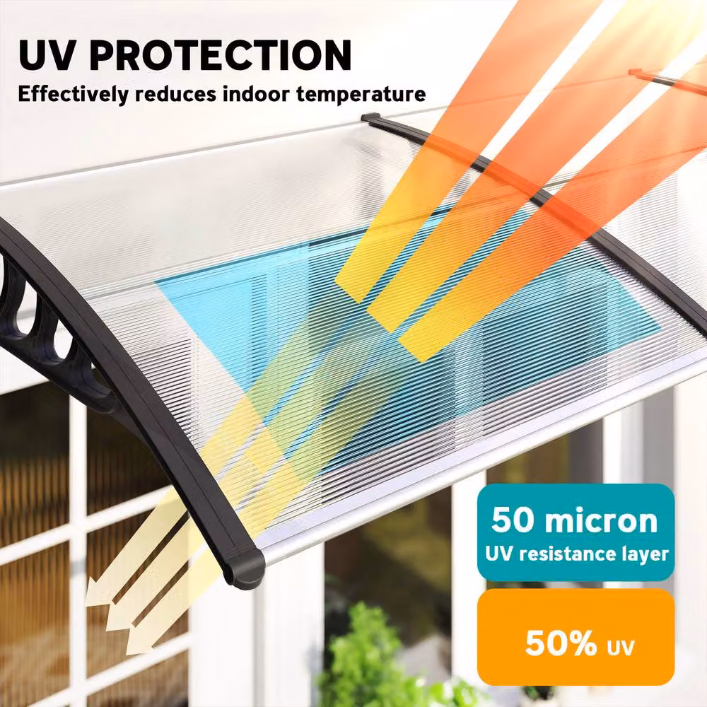 Rolipo Transparent Front Door Canopy Awning Rain Shelter with Aluminium Frame, W: 303 cm, H: 96 cm – 5
