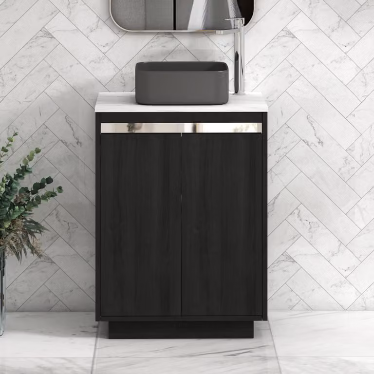 Royal Bathrooms Orion 600mm Hale Black Floor Standing 2 Door Vanity Unit with Carrara White Art Square Basin and Chrome Accent Trim