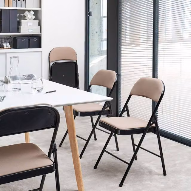 Wyld and Coco Set of 4 Folding Chairs with Beige Padded Seats and Black Metal Frames