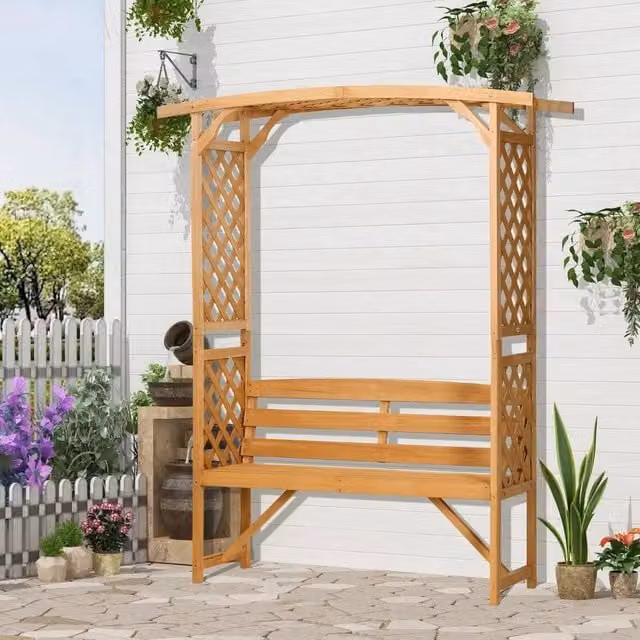 Hinsinc Wooden Garden Arbour Bench with Trellis Pergola in Brown – 1