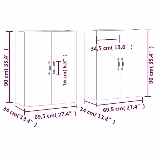vidaXL Set of 2 Modern Wall Mounted Storage Cabinets with Hinged Doors in Smoked Oak Brown, W/D/H: 90 x 34 x 69.5 cm and 90 x 26.4 x 69.5 cm – 2