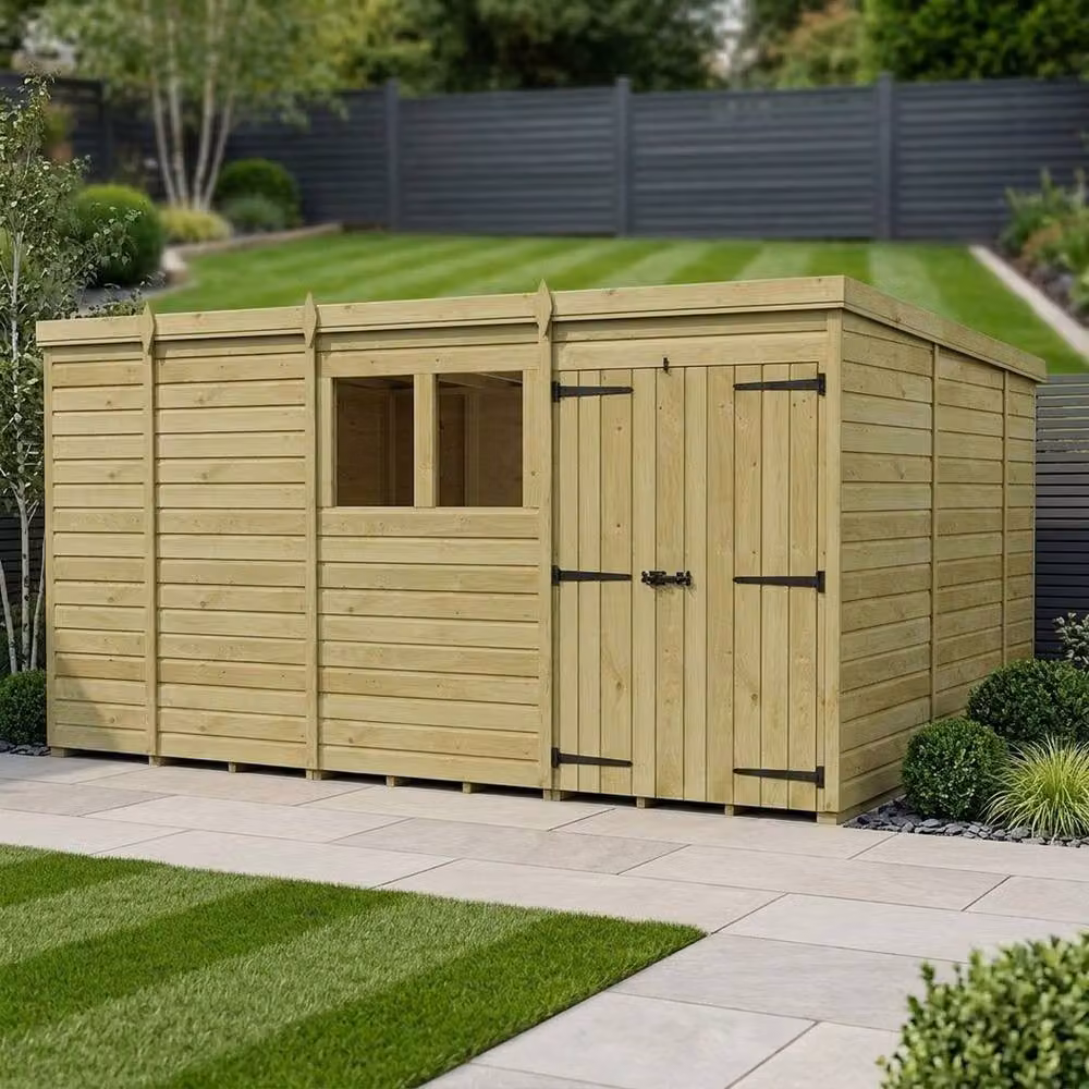 Buttercup Farm Brown Timber Pent Garden Shed with Double Doors and Windows, W: 305 cm, D: 305 cm, H: 210 cm – 2