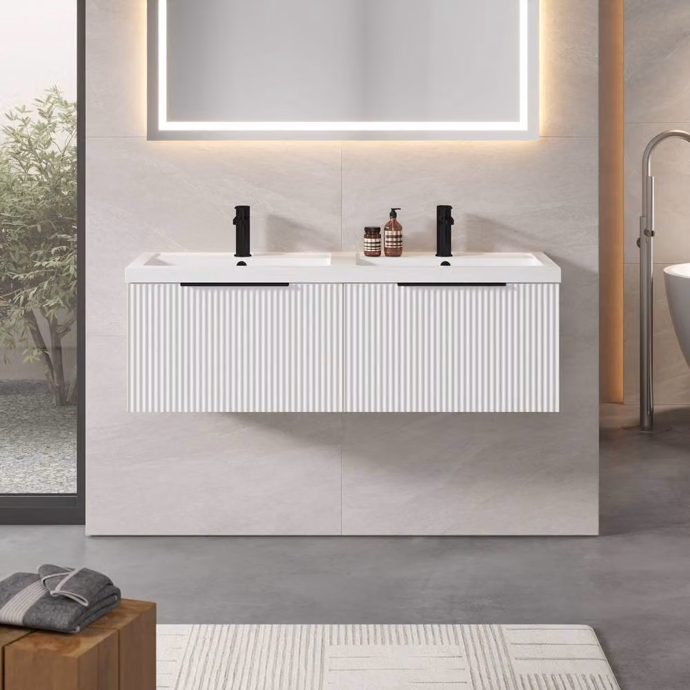Balterley Fluted Front Wall Hung 2 Drawer Vanity Basin Unit, Satin White, Width: 120 cm – 2