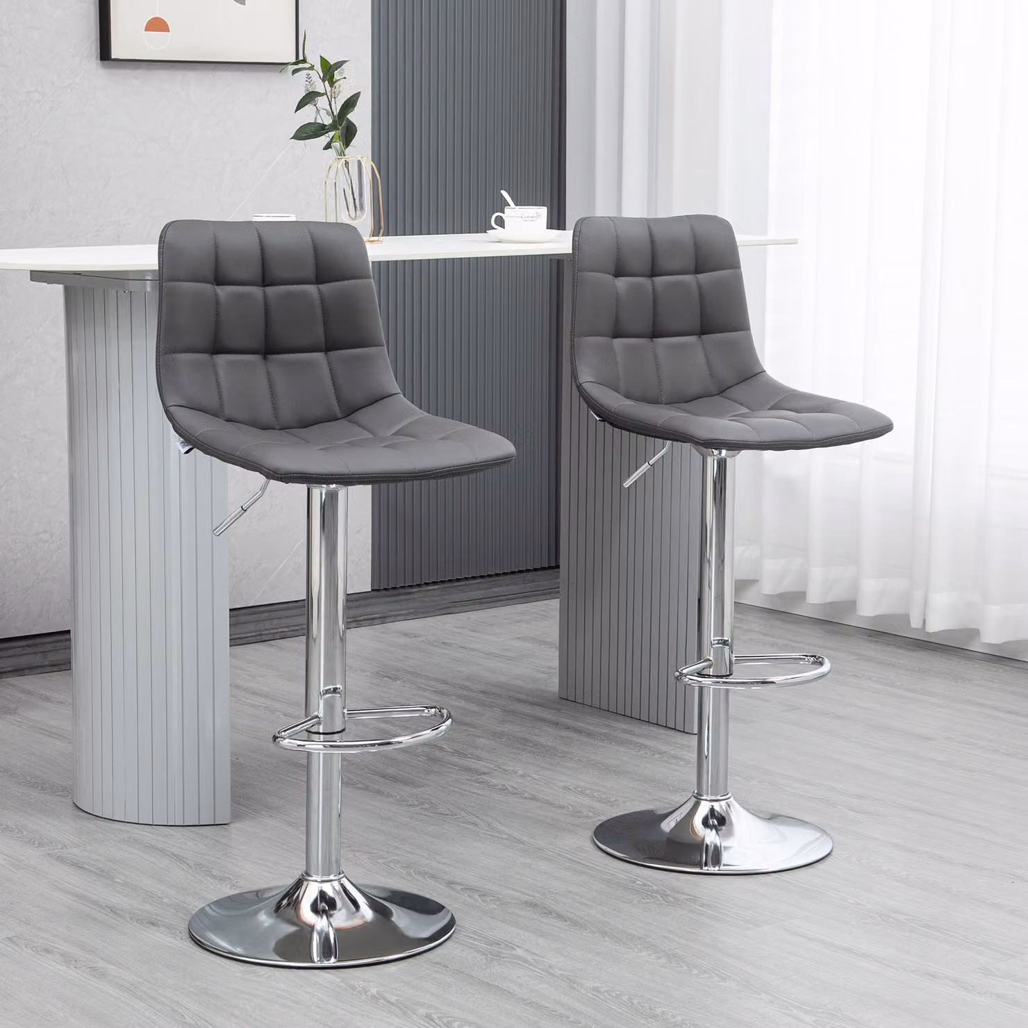 HOMCOM Set of 2 Grey Modern Adjustable Bar Chairs with 360 Degree Swivel and Footrest – 2